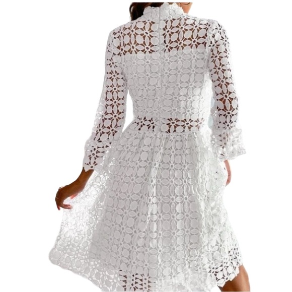 EILLY BAZAAR Mesh Insert Mock Neck Flounce Lace Dress White Size M - Picture 3 of 6